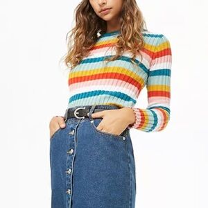 Forever 21 Teal and White Striped retro fitted Sweater S